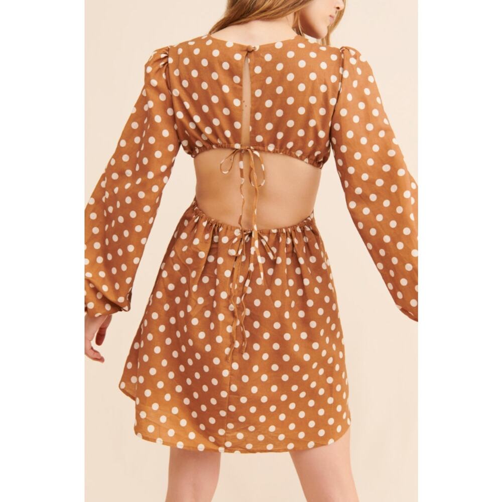 Charlie Holiday Halcyon Polka Dot Open Back Mini Dress Brown Linen Blend Size 10 - Picture 3 of 9